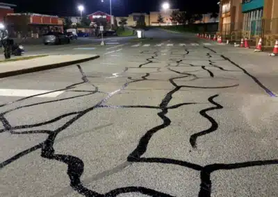 Crack filling in a commercial parking lot at night